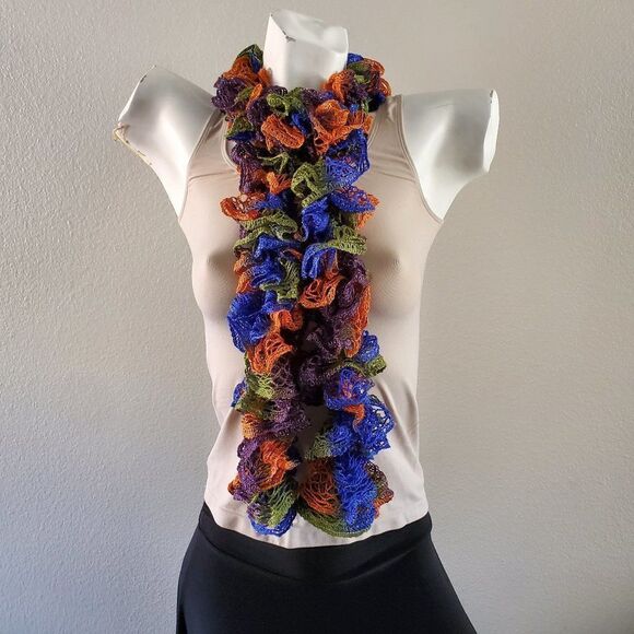 BOGO Scarf Sale - Hand Crafted crochet orange green blue and purple ruffle scarf - Picture 2 of 6